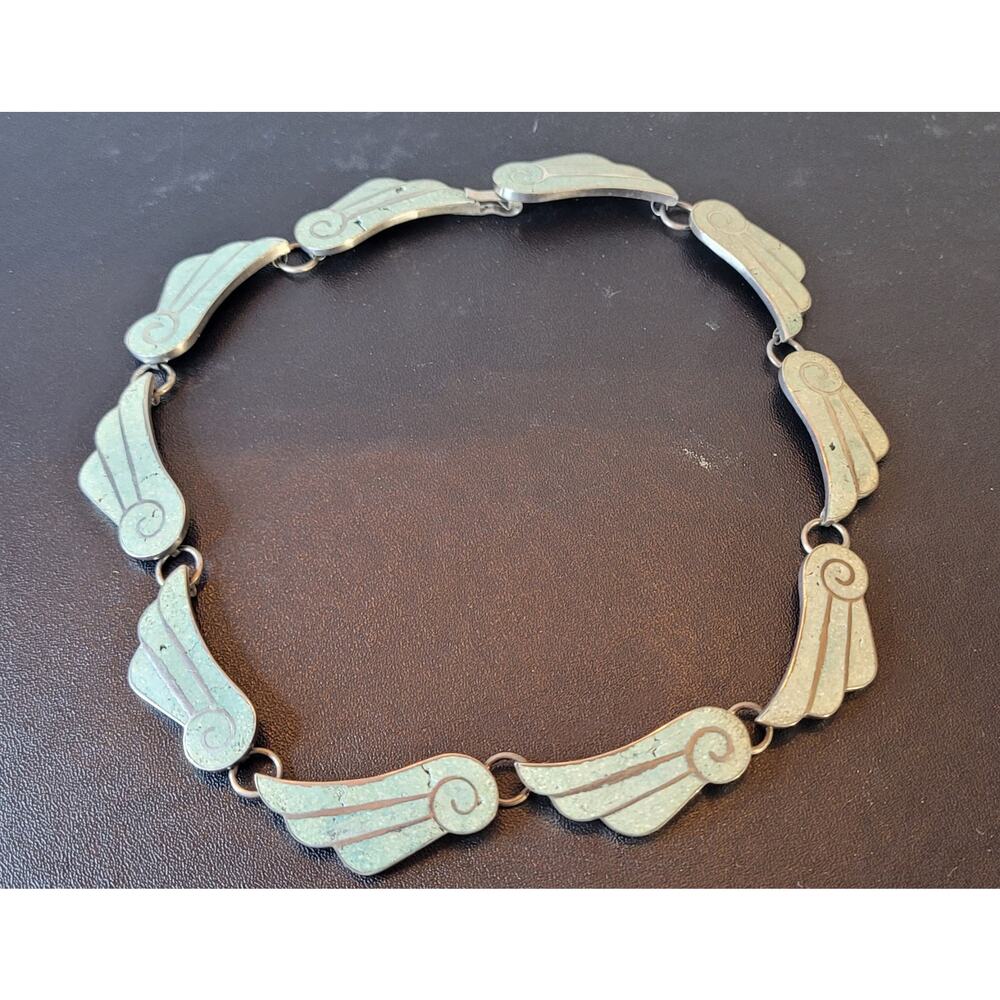 Early Taxco 950 Silver and Crushed Turquoise Necklace, 12", Winged Feather/Cloud